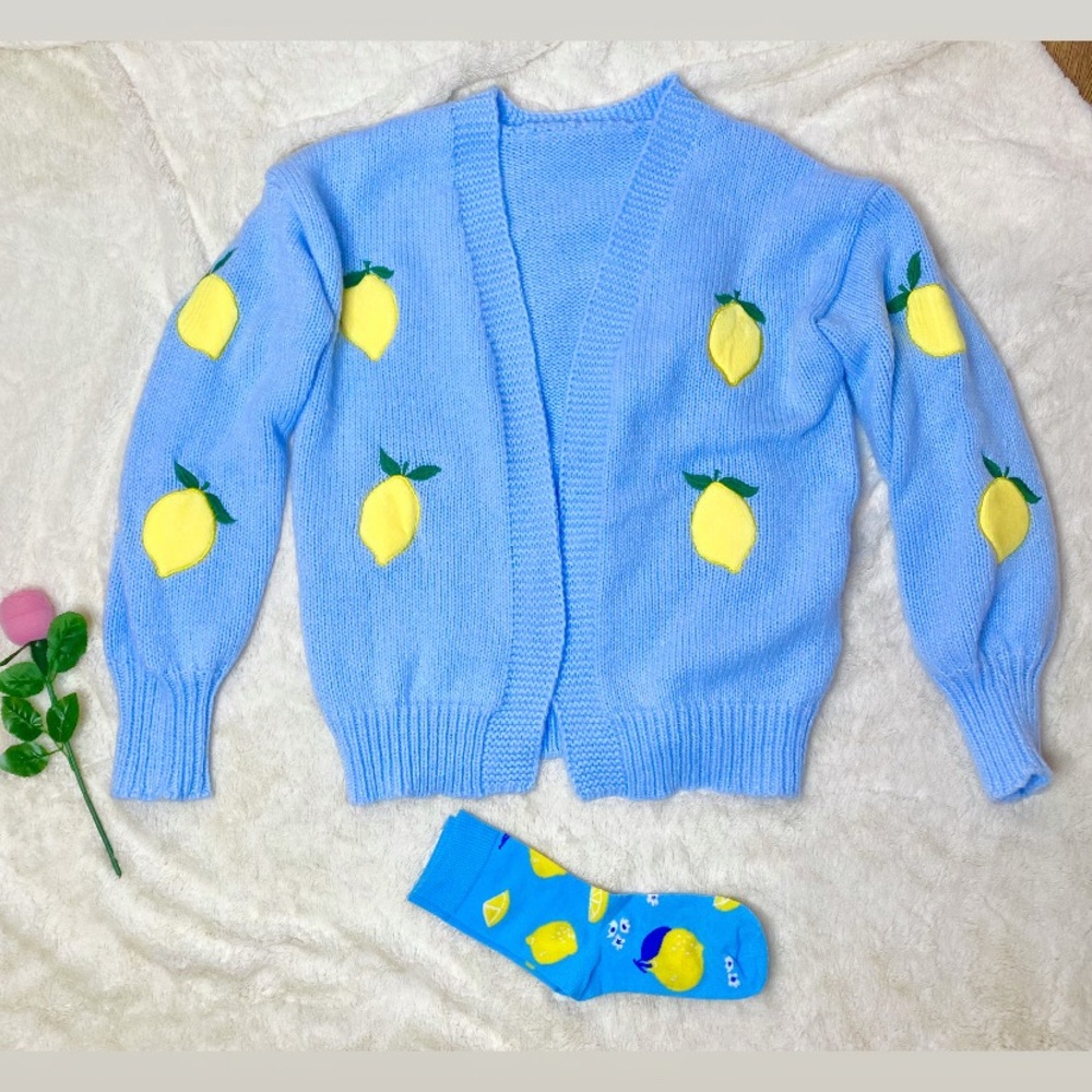 🎀🩵🍋 Whimsical Blue Lemon Embroidery Open Cardigan Knit Sweater w/ Lemon Socks🍋🩵🎀